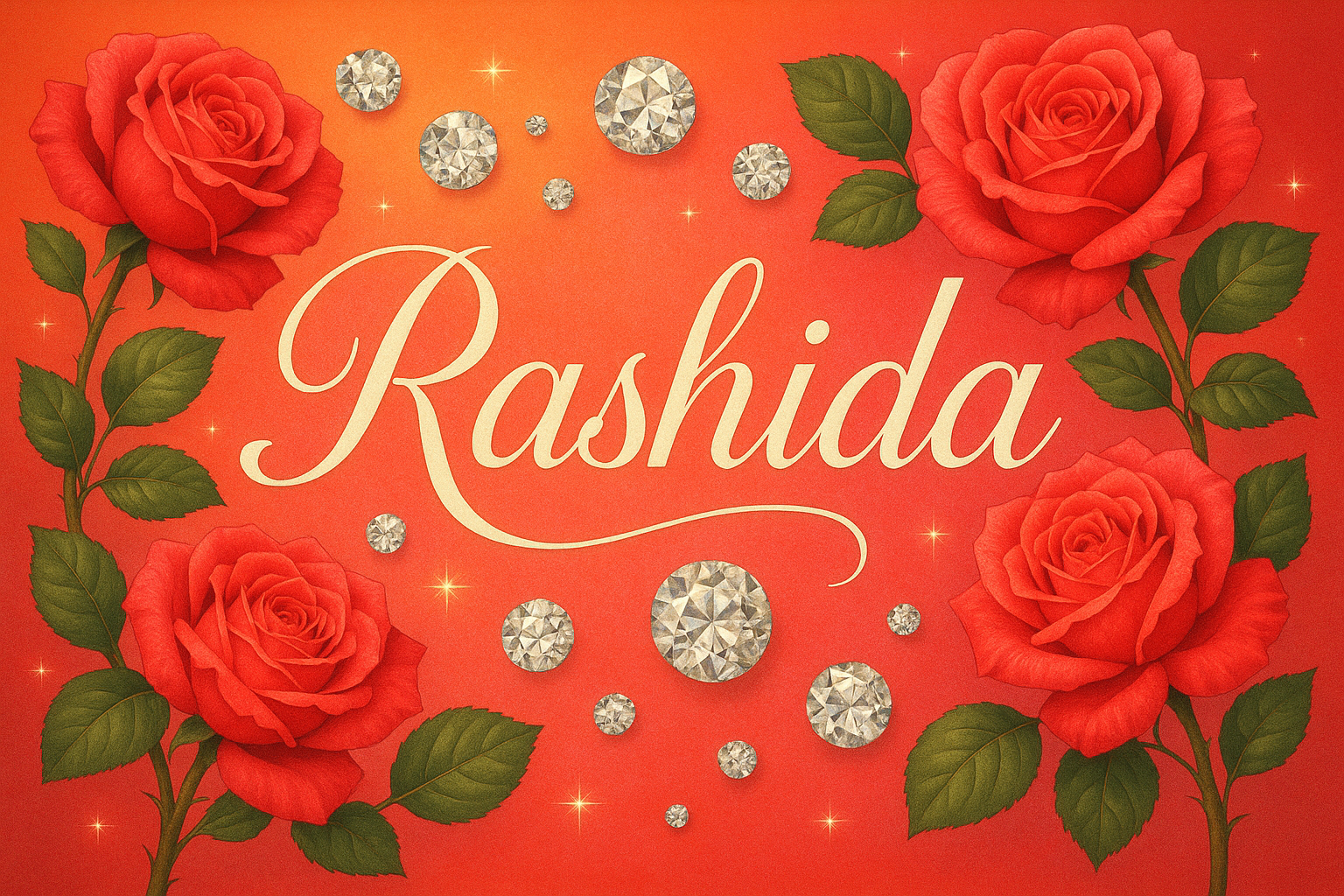 Rashida (make it detailed with diamonds, roses and green stems, make the name centered, make the banner orange, pink with hints of red)